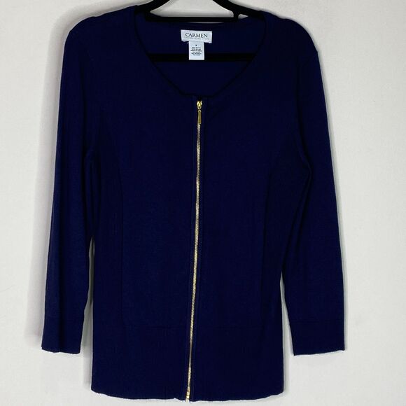 Carmen Marc Valvo Navy Blue Zip Up 3/4 Sleeve Sweater Top Women's Size Small - Picture 8 of 8